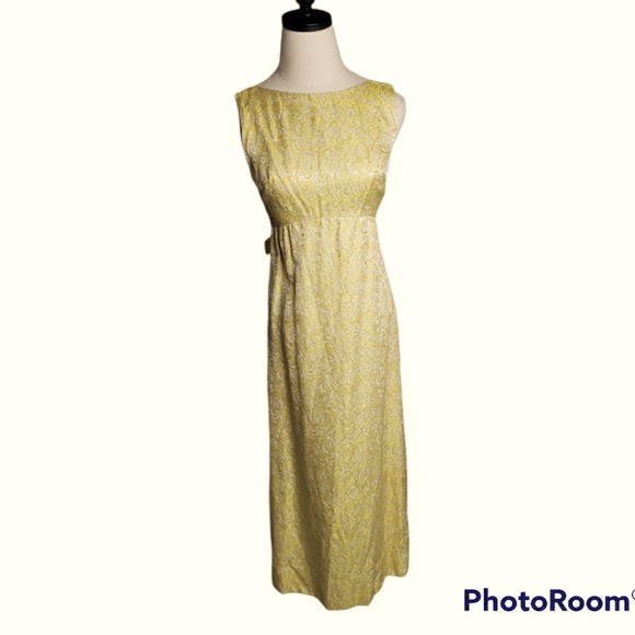 Vintage 60's Gold Jacquard Maxi Wrap Back Rheinstone Bow Pockets Evening Gown - Picture 2 of 12